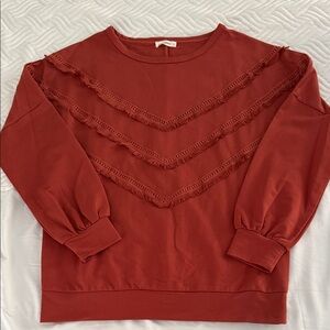 Chic Rust Crew Neck Sweater with Ruffle Detail